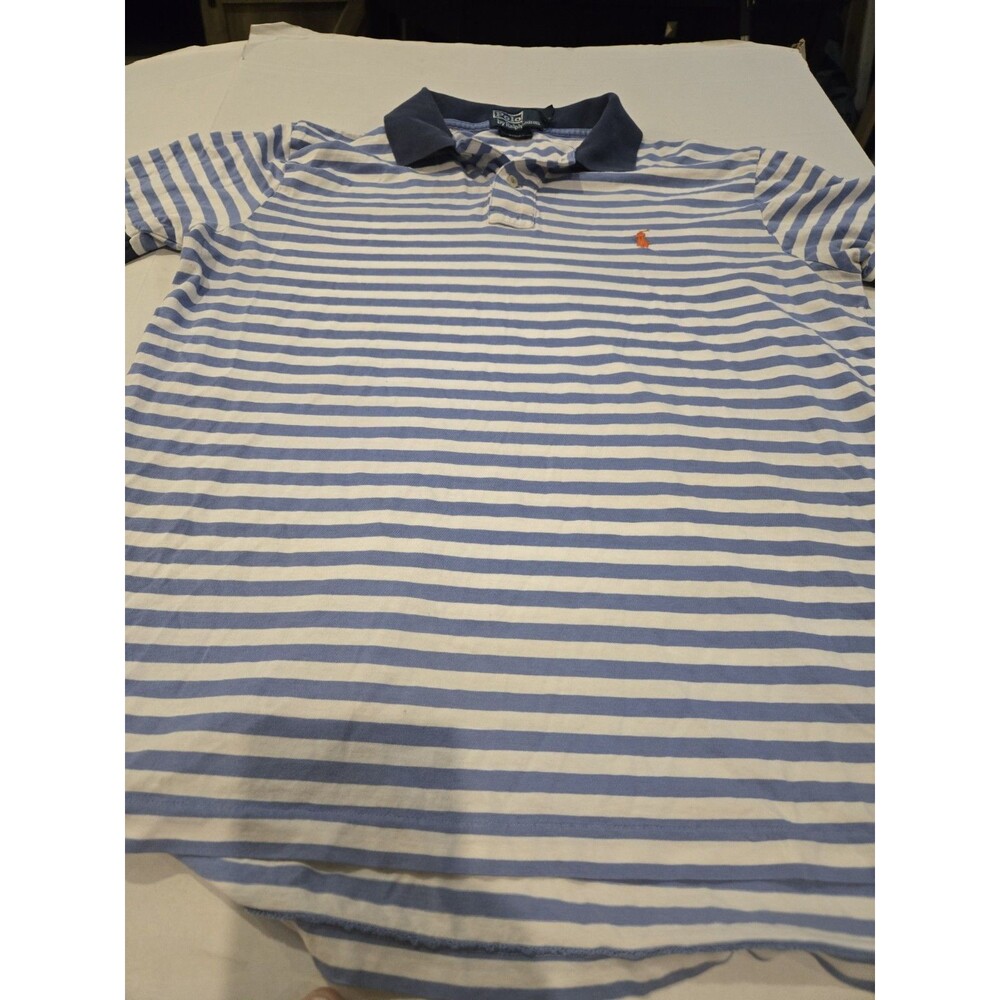 Polo by Ralph Lauren Mens Custom Fit Polo Shirt Sz.L/Blue Striped/Orange Logo